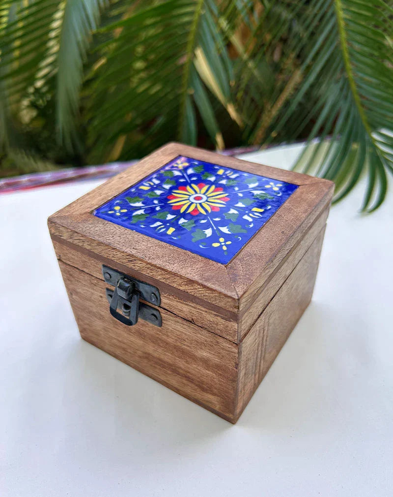 Blue Pottery Wooden Box