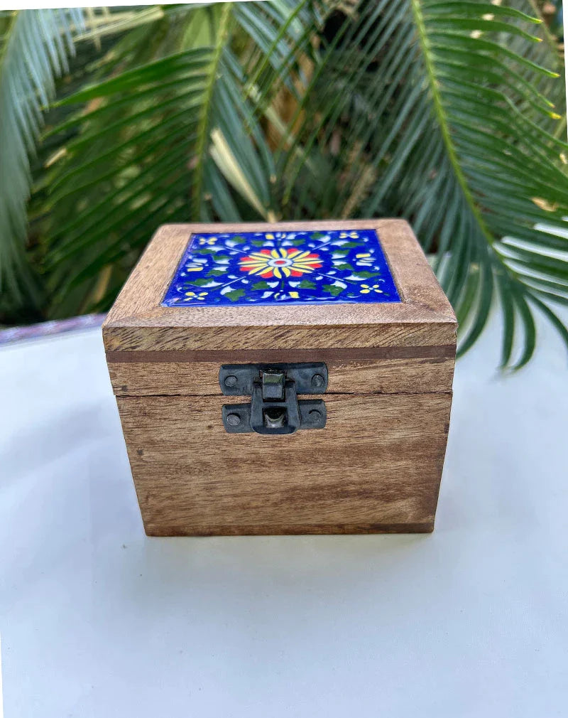 Blue Pottery Wooden Box
