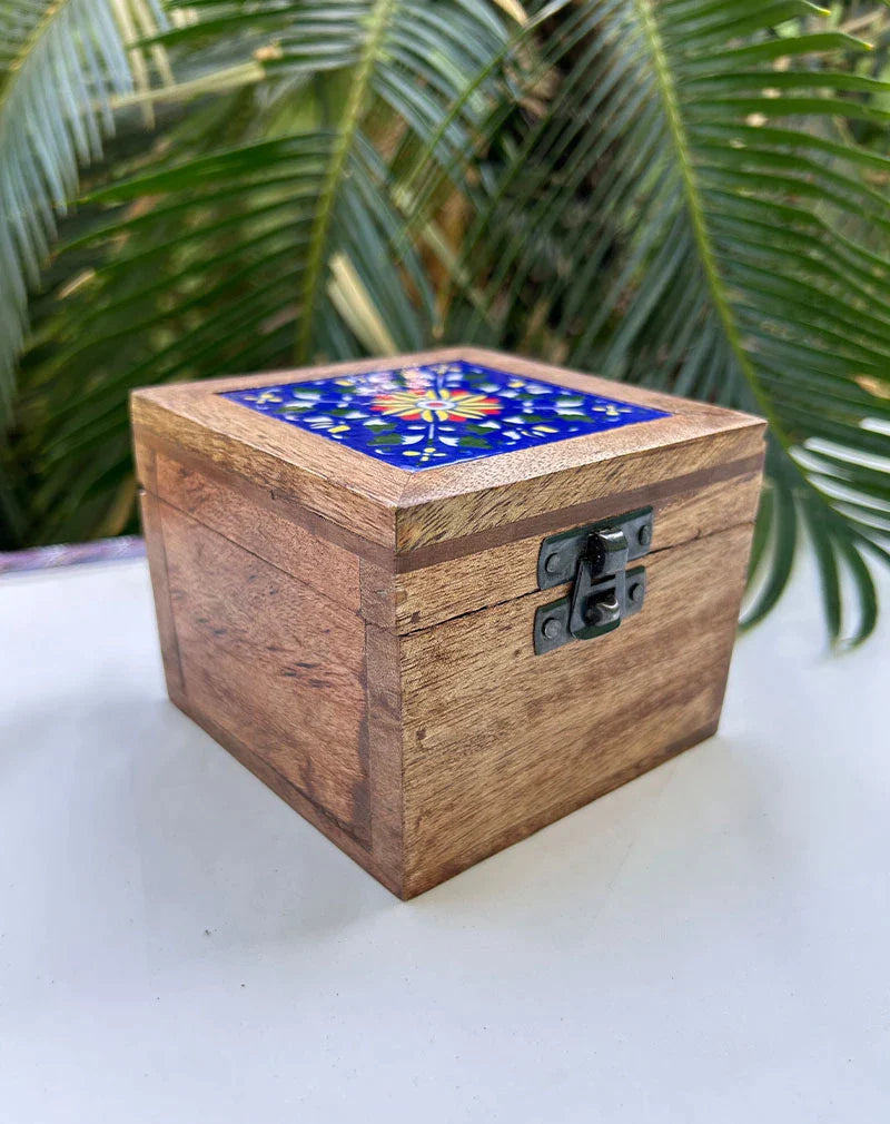 Blue Pottery Wooden Box