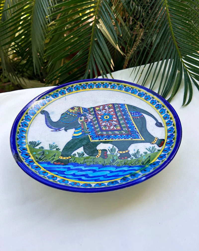 Hand Painted Hathi - Blue Pottery Decorative Platter