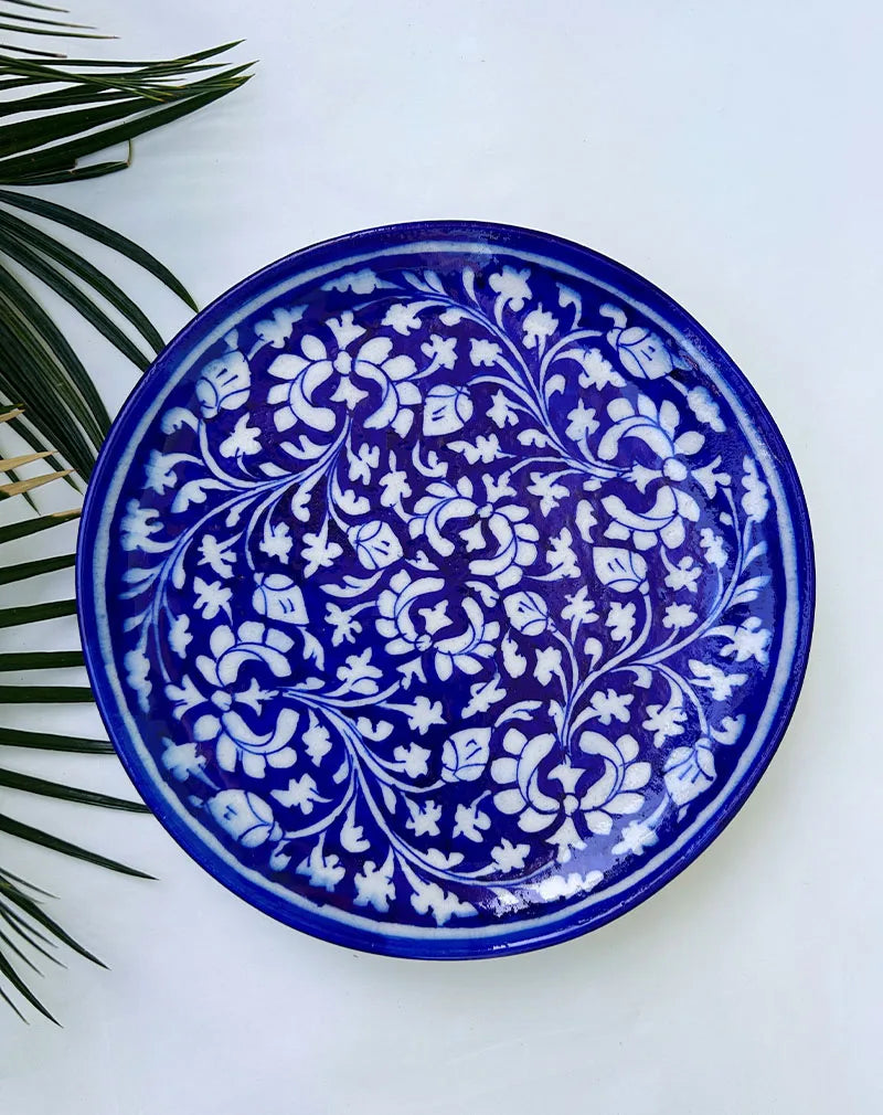 Hand Painted Plant - Blue Pottery Decorative Platter