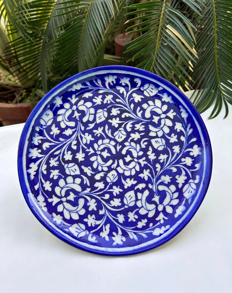 Hand Painted Plant - Blue Pottery Decorative Platter