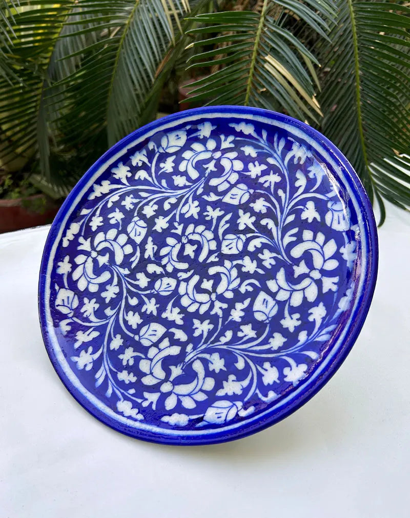 Hand Painted Plant - Blue Pottery Decorative Platter
